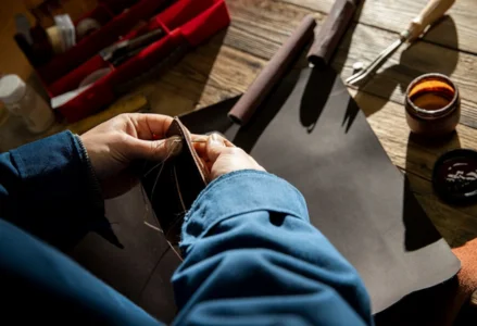 CRAFTSMANSHIP of leather stitching by hands Close-Up
