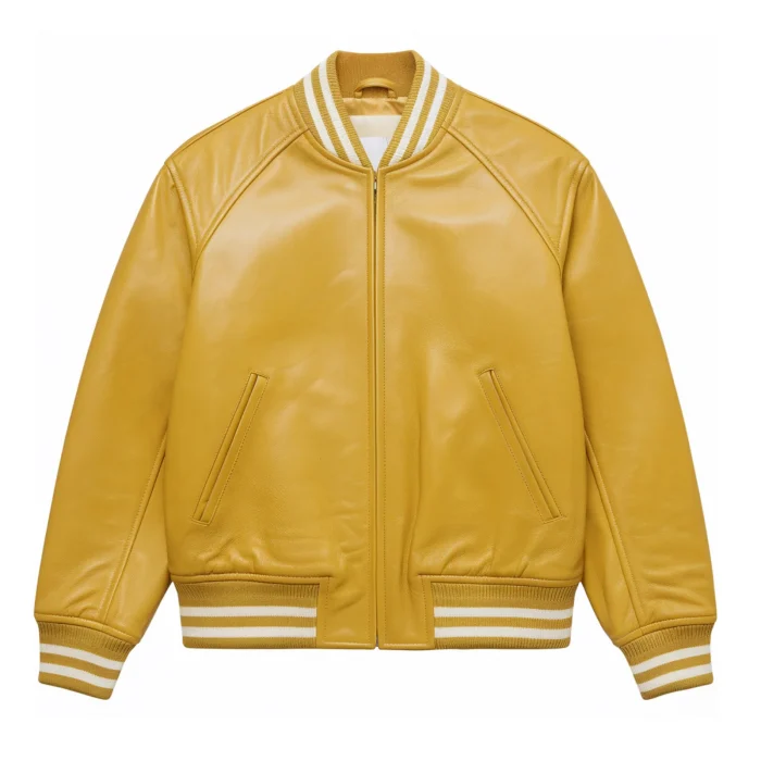 Mustard yellow men's varsity leather jacket by Man Are Brave