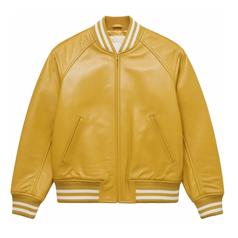 Mustard yellow men's varsity leather jacket by Man Are Brave