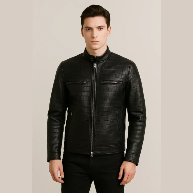 Men's Crocodile Pattern Black Leather Jacket