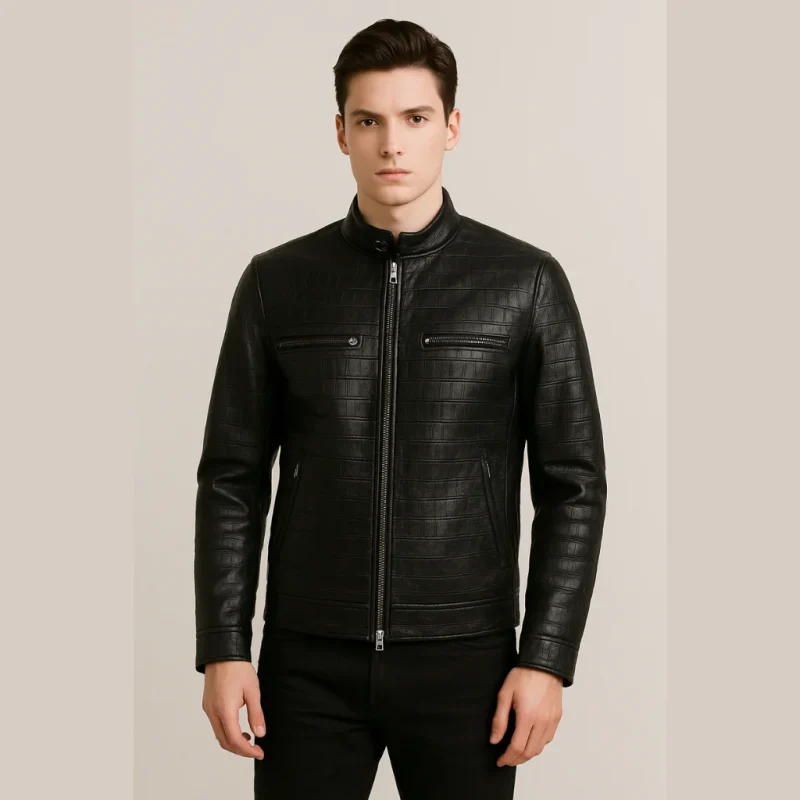 Men's Crocodile Pattern Black Leather Jacket