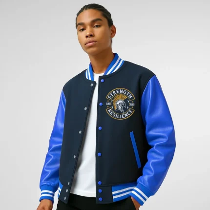 Navy and Blue Real Leather Sleeve Varsity Jacket