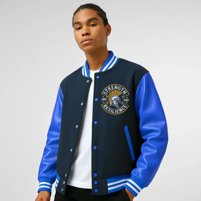 Navy and Blue Real Leather Sleeve Varsity Jacket