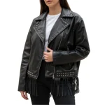 Women's Fringe Studded Black Leather Jacket