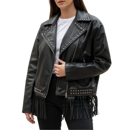 Women's Fringe Studded Black Leather Jacket