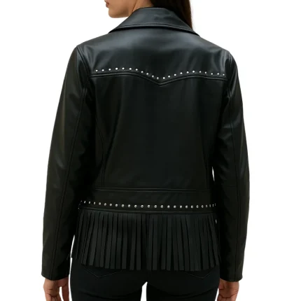 Women's Fringe Studded Black Leather Jacket