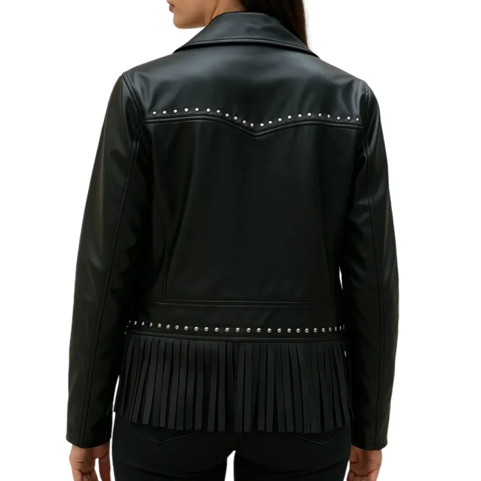 Women's Fringe Studded Black Leather Jacket