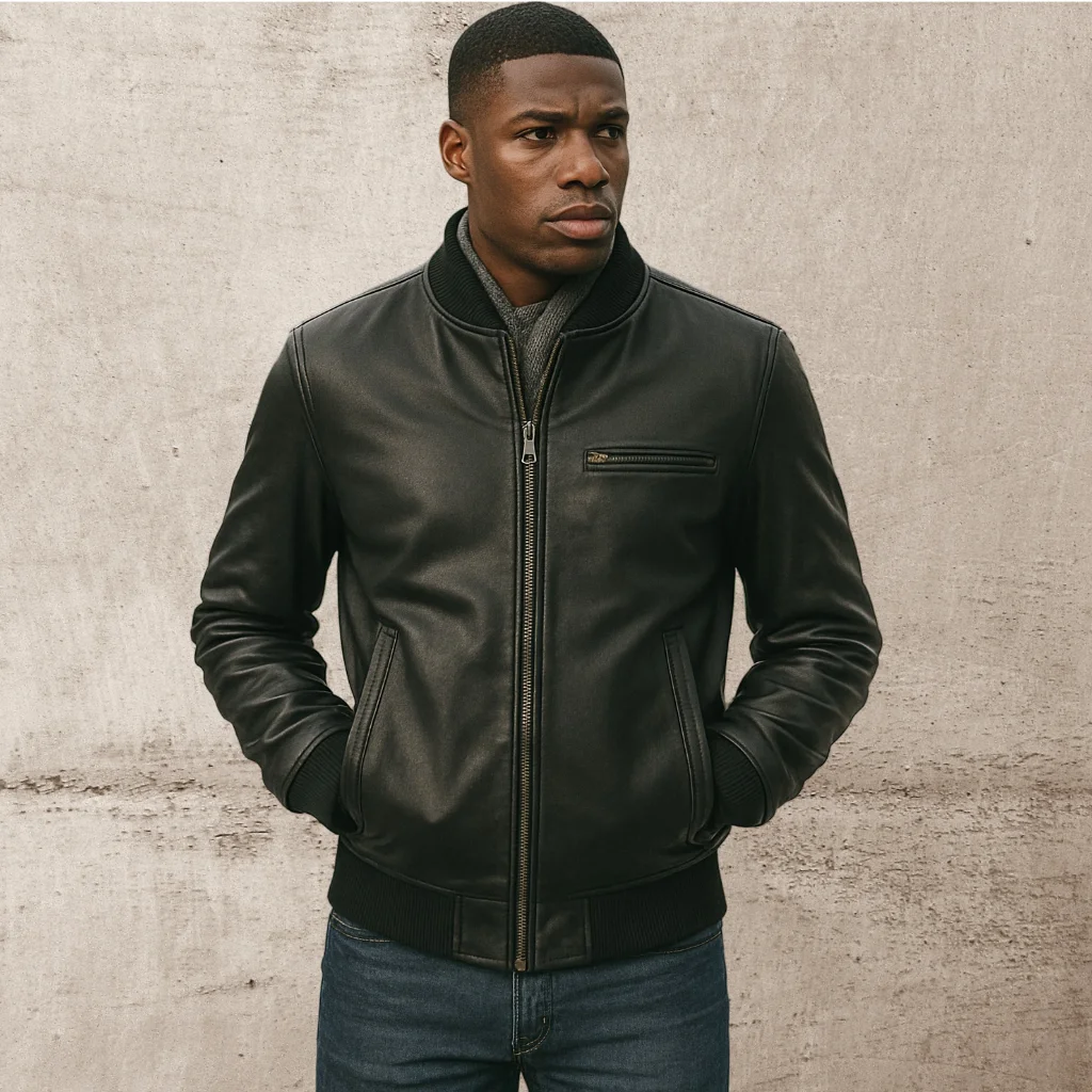 Black Leather Bomber Jacket for Men