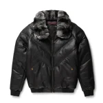 Black Leather Chinchilla Collar V Bomber JacketBlack Leather Chinchilla Collar V Bomber Jacket by man are brave
