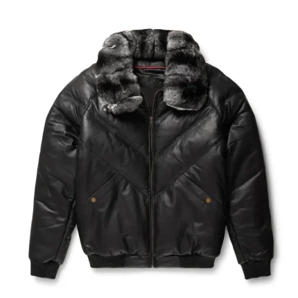 Black Leather Chinchilla Collar V Bomber JacketBlack Leather Chinchilla Collar V Bomber Jacket by man are brave
