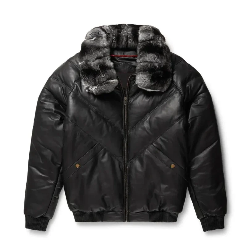 Black Leather Chinchilla Collar V Bomber JacketBlack Leather Chinchilla Collar V Bomber Jacket by man are brave