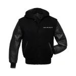 Black Wool Hoodie Varsity Jacket With Real Leather Sleeves by man are brave