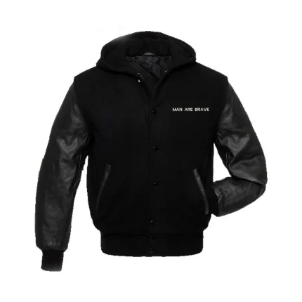 Black Wool Hoodie Varsity Jacket With Real Leather Sleeves by man are brave