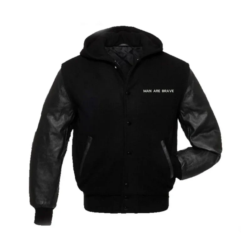 Black Wool Hoodie Varsity Jacket With Real Leather Sleeves by man are brave