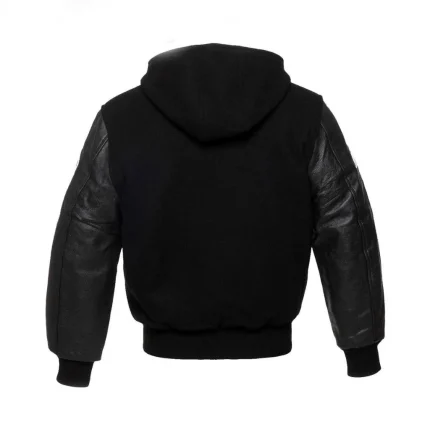 Black Wool Hoodie Varsity Jacket With Real Leather Sleeves by man are brave