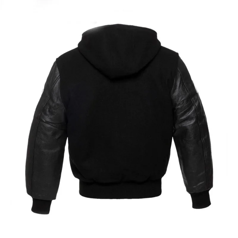 Black Wool Hoodie Varsity Jacket With Real Leather Sleeves by man are brave