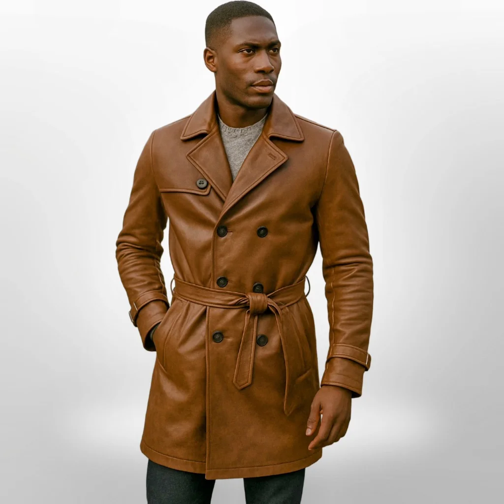 Brown Leather Trench Coat for Men – Genuine Long Belted Winter Coat