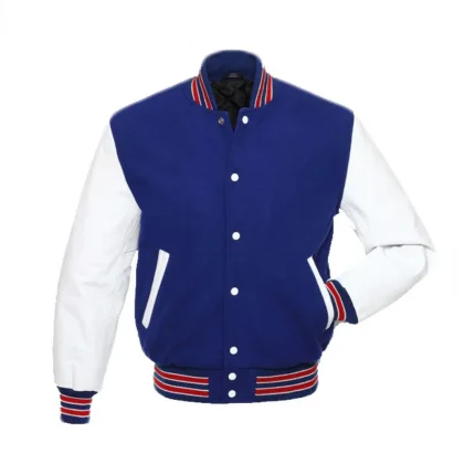 Custom Royal Blue And White Varsity Jacket by man are brave