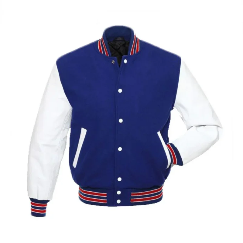 Custom Royal Blue And White Varsity Jacket by man are brave