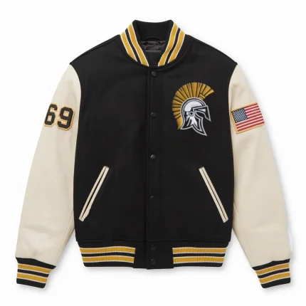 Gant Crest Varsity Jacket with Spartan Helmet & '69' Patch - Classic Black & Cream Letterman Style