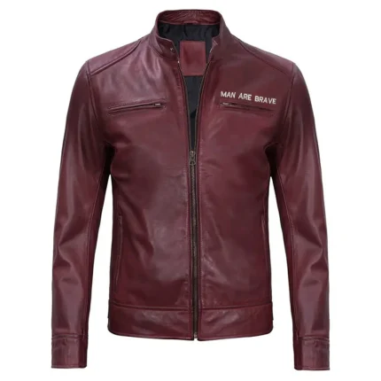Man Are Brave Maroon Cafe Racer Leather Biker Jacket