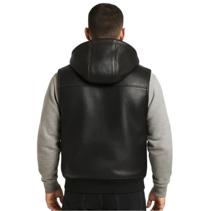 Men's Black Hooded Leather Vest - Man Are Brave | Multi-Pocket Utility Waistcoat | Genuine Leather Bomber Style