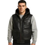 Men's Black Hooded Leather Vest - Man Are Brave | Multi-Pocket Utility Waistcoat | Genuine Leather Bomber Style