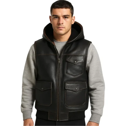 Men's Black Hooded Leather Vest - Man Are Brave | Multi-Pocket Utility Waistcoat | Genuine Leather Bomber Style