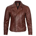 Men’s Brown Distressed Quilted Leather Biker Jacket by man are brave