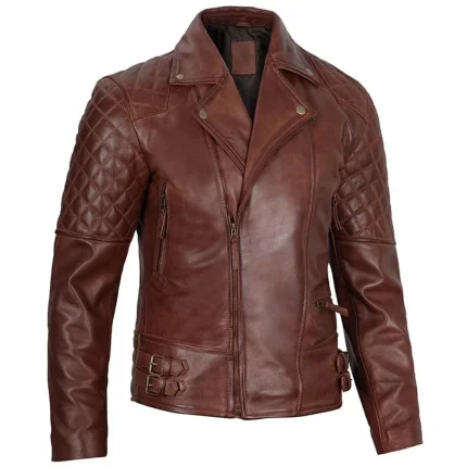 Men’s Brown Distressed Quilted Leather Biker Jacket by man are brave