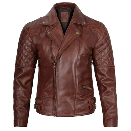 Men’s Brown Distressed Quilted Leather Biker Jacket by man are brave