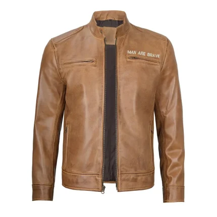 Men’s Camel Brown Cafe Racer Leather Biker Jacket by man are brave