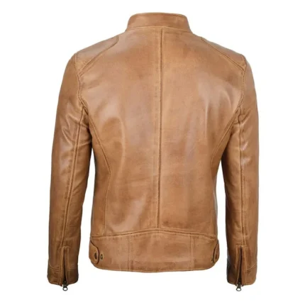 Men’s Camel Brown Cafe Racer Leather Biker Jacket back by man are brave