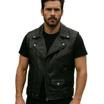 Men's Classic Black Leather Biker Vest - Man Are Brave | Motorcycle Club Cut with Lapels | Genuine Cowhide Waistcoat