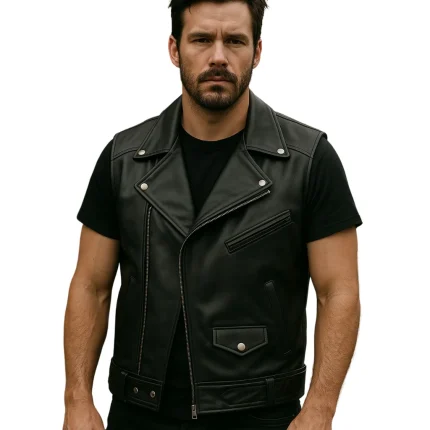 Men's Classic Black Leather Biker Vest - Man Are Brave | Motorcycle Club Cut with Lapels | Genuine Cowhide Waistcoat