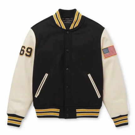 Men's Classic Varsity Letterman Jacket - Man Are Brave | Black Wool & Genuine Leather Sleeves | Retro Bomber Style