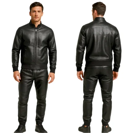 Men's Full Black Leather Bomber Jacket & Trouser Set - Man Are Brave | Premium Genuine Leather Suit | Stylish Tracksuit & Jogger Style