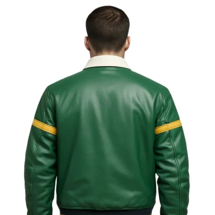 Men's Green & Yellow Color Block Leather Bomber Jacket - Man Are Brave | Retro Varsity Style & Shirt Collar | Genuine Leather Fashion Coat