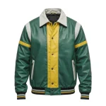Men's Green & Yellow Color Block Leather Bomber Jacket - Man Are Brave | Retro Varsity Style & Shirt Collar | Genuine Leather Fashion Coat