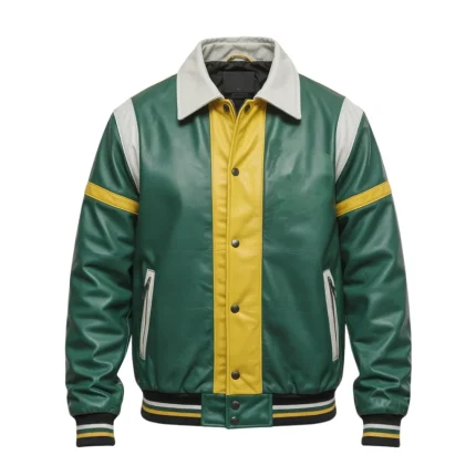 Men's Green & Yellow Color Block Leather Bomber Jacket - Man Are Brave | Retro Varsity Style & Shirt Collar | Genuine Leather Fashion Coat