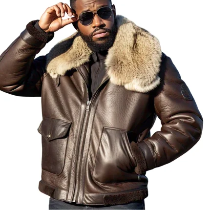 Men's Luxury Brown Shearling Bomber Jacket - Man Are Brave | Real Sheepskin Leather & Fur Collar | Aviator Pilot Style
