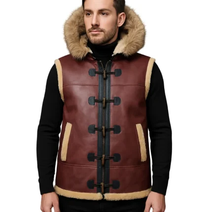 Men's Luxury Shearling Vest with Fur Hood - Man Are Brave Brown Leather Toggle Waistcoat Real Sheepskin & Fox Fur