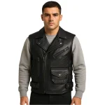 Men's Tactical Black Leather Motorcycle Vest - Man Are Brave | Embossed Biker Club Cut | Multi-Pocket Rider Waistcoat