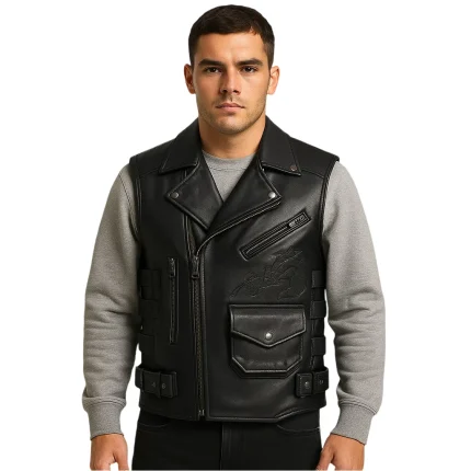 Men's Tactical Black Leather Motorcycle Vest - Man Are Brave | Embossed Biker Club Cut | Multi-Pocket Rider Waistcoat
