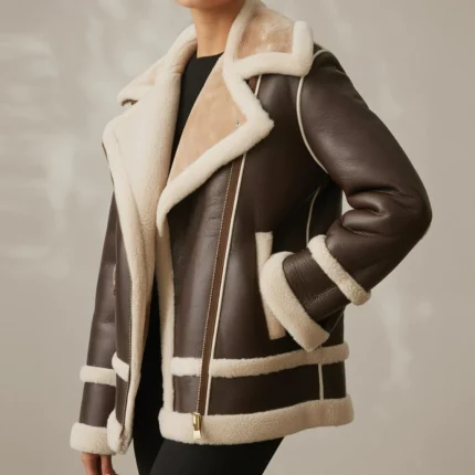 Women's Brown Shearling Biker Jacket with Asymmetrical Zip